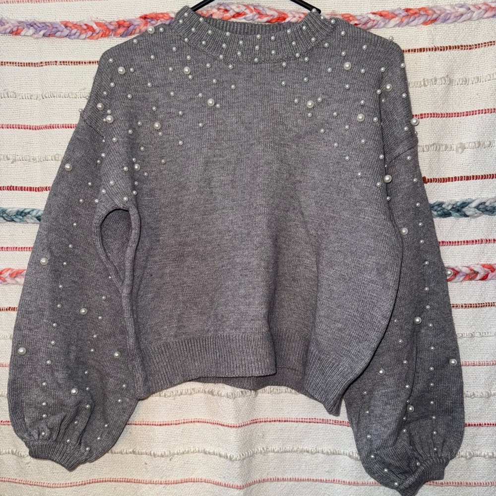 POL Gray Pearl-Studded‎ Turtleneck Sweater